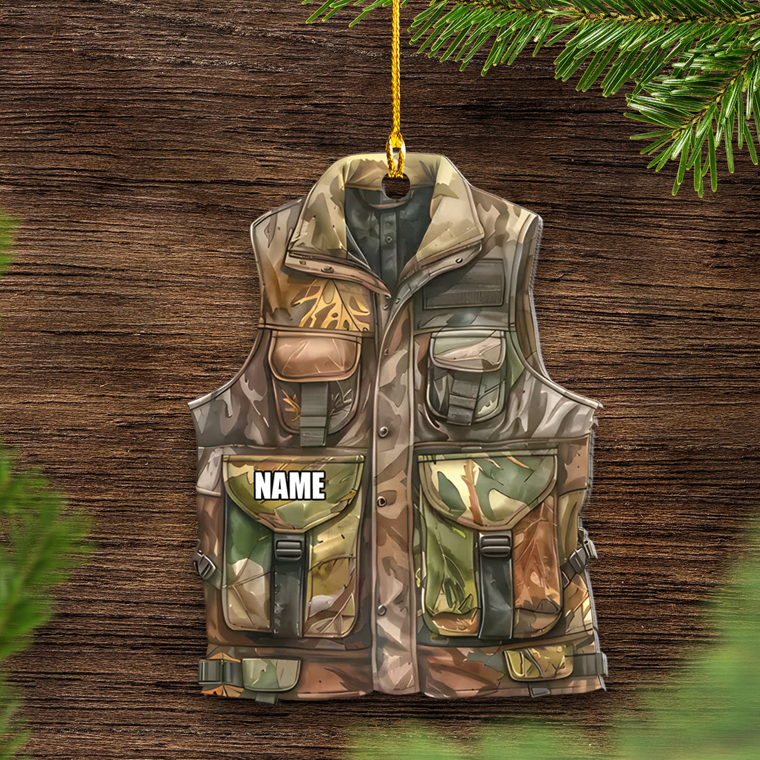 Personalized Camo Hunting Vest Ornament – Custom Name Christmas Tree Decoration Gift for Hunters