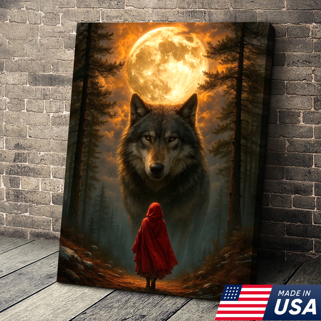 Wolf and Little Red Riding Hood Canvas Wall Art – Fantasy Moonlit Forest Scene, Rustic Lodge Decor, Dark Fairytale Artwork