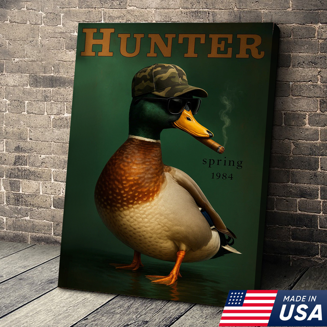 Funny Mallard Duck Canvas Wall Art – Cool Hunter Decor, Rustic Wildlife Artwork, Duck with Camo Hat & Sunglasses