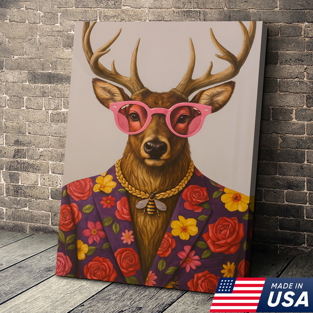 Funny Deer Wall Art Canvas – Stylish Hunter Canvas with Floral Suit & Sunglasses