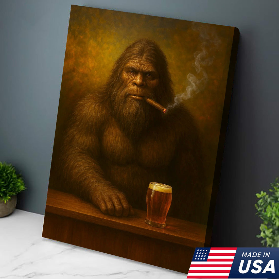 Funny Bigfoot Wall Art Canvas – Funny Sasquatch Smoking & Beer Canvas, Hunting Cabin & Man Cave Decor
