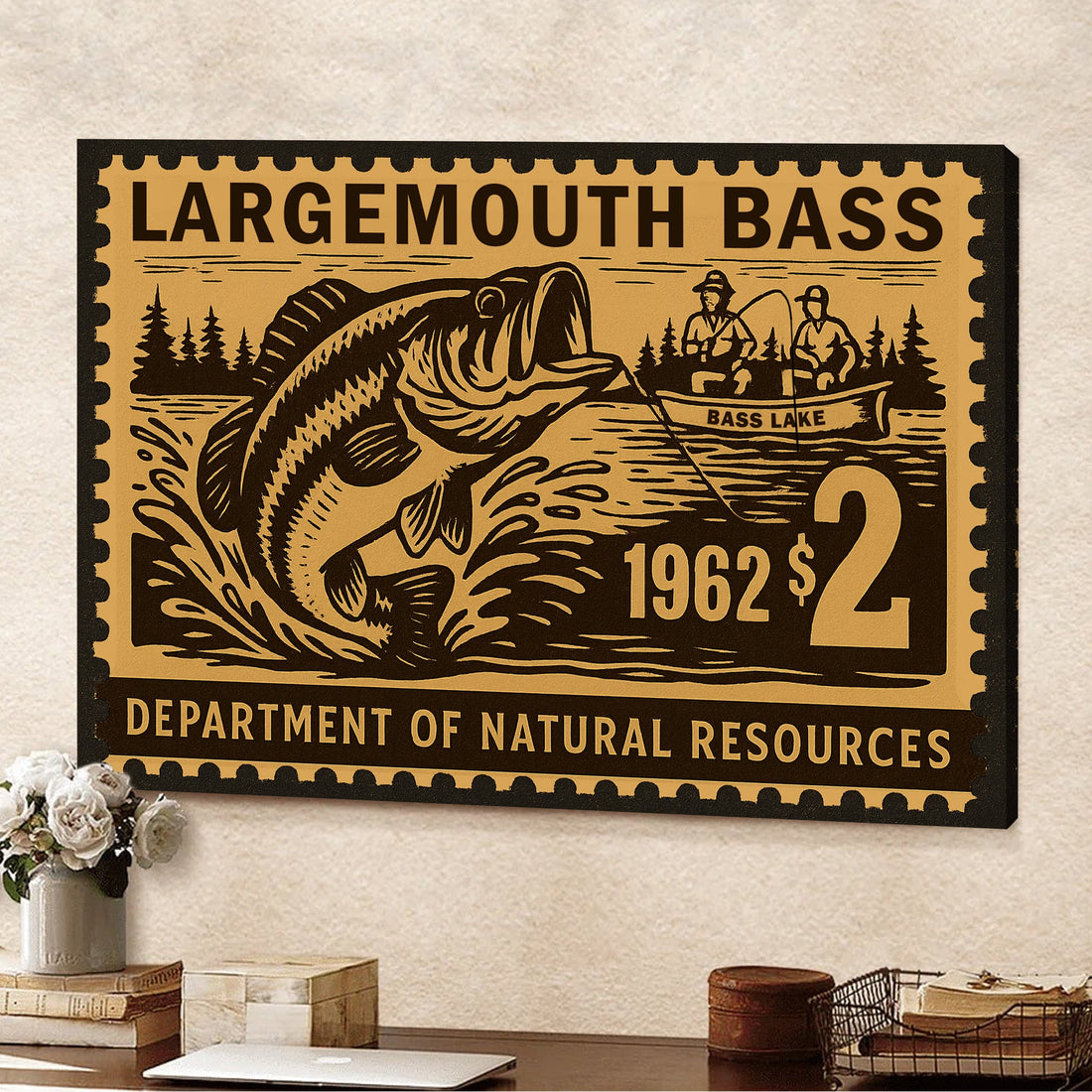 Vintage Largemouth Bass Fishing Stamp Canvas – Retro 1962 Wall Art for Cabin & Man Cave