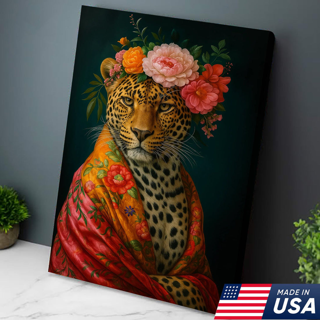 Floral Crown Leopard Canvas Wall Art, Bohemian Animal Portrait with Colorful Shawl, Elegant Feminine Jungle Decor
