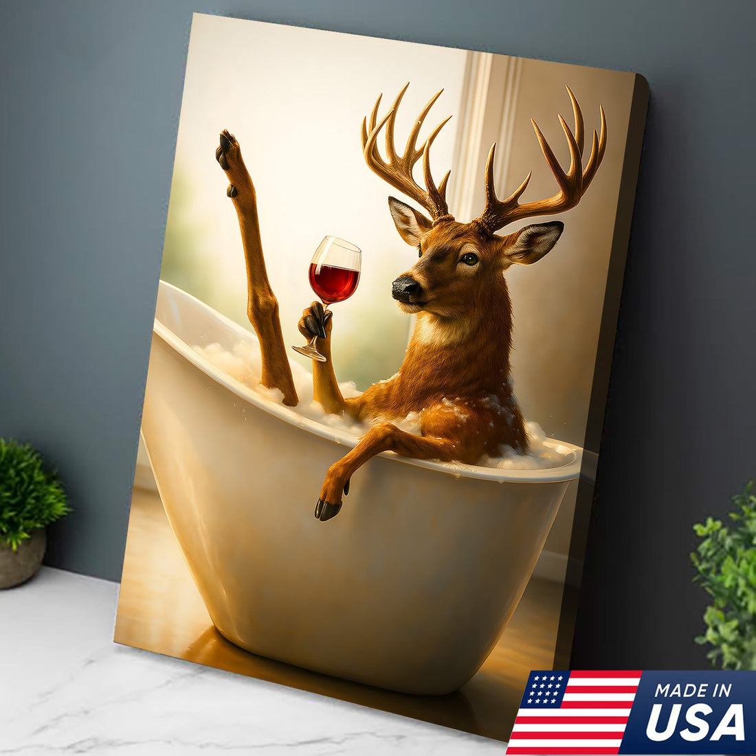 Relaxing Deer in Bathtub Funny Wall Art – Unique Gift for Hunters, Rustic Cabin Decor Canvas