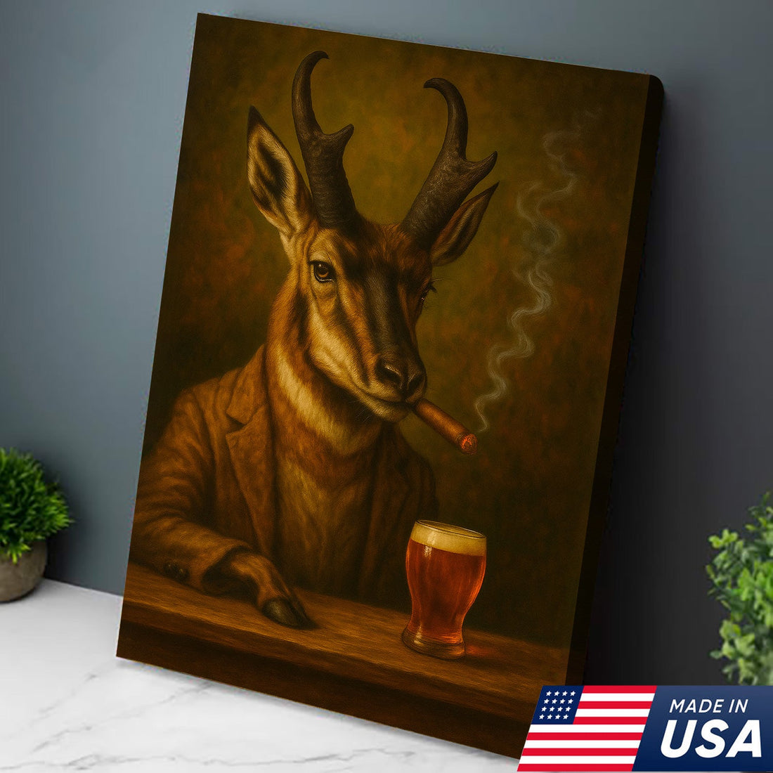 Funny Antelope Smoking & Beer Glass Canvas Wall Art - Hunting Perfect Gift for Hunters & Cocktail Glasses Lovers