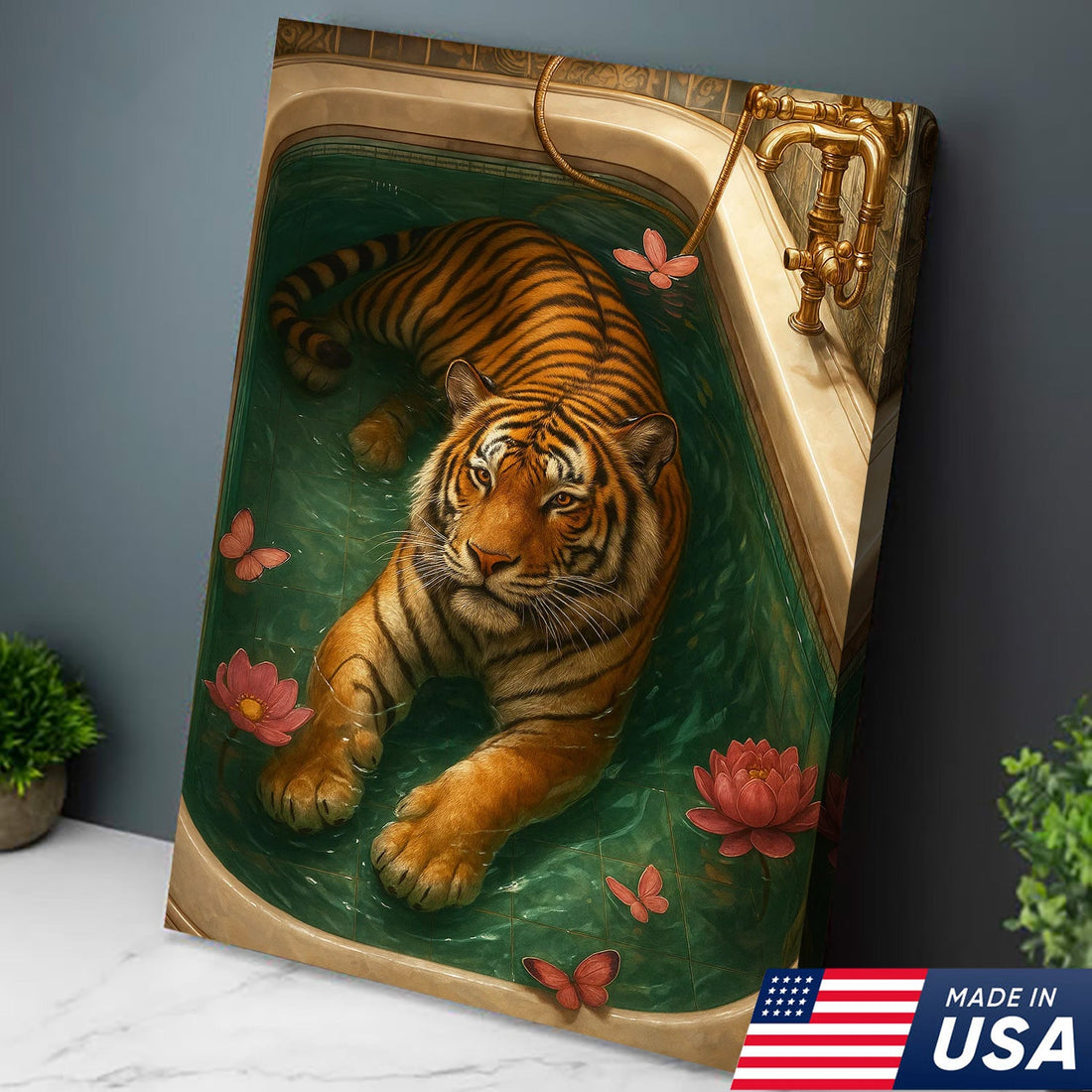 Tiger in Bathtub Canvas Wall Art, Whimsical Animal Bathroom Decor with Lotus Flowers and Butterflies, Relaxing Spa Aesthetic Vintage Gallery Print