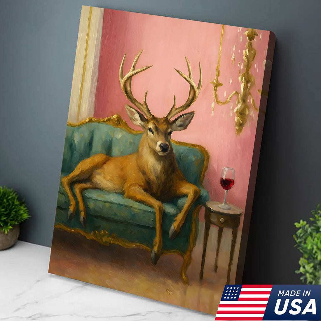 Funny Deer Chill On The Sofa Canvas Wall Art – Elegant Deer Drinking Wine Canvas