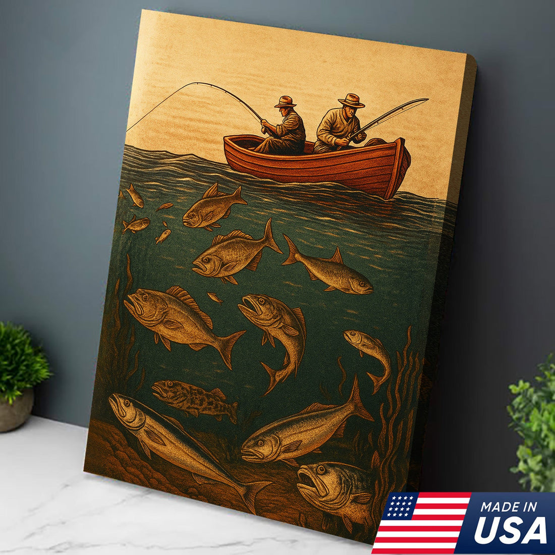 Vintage Fishermen Woodcut Wall Art – Retro Fishing Canvas Print for Cabin, Lodge & Man Cave