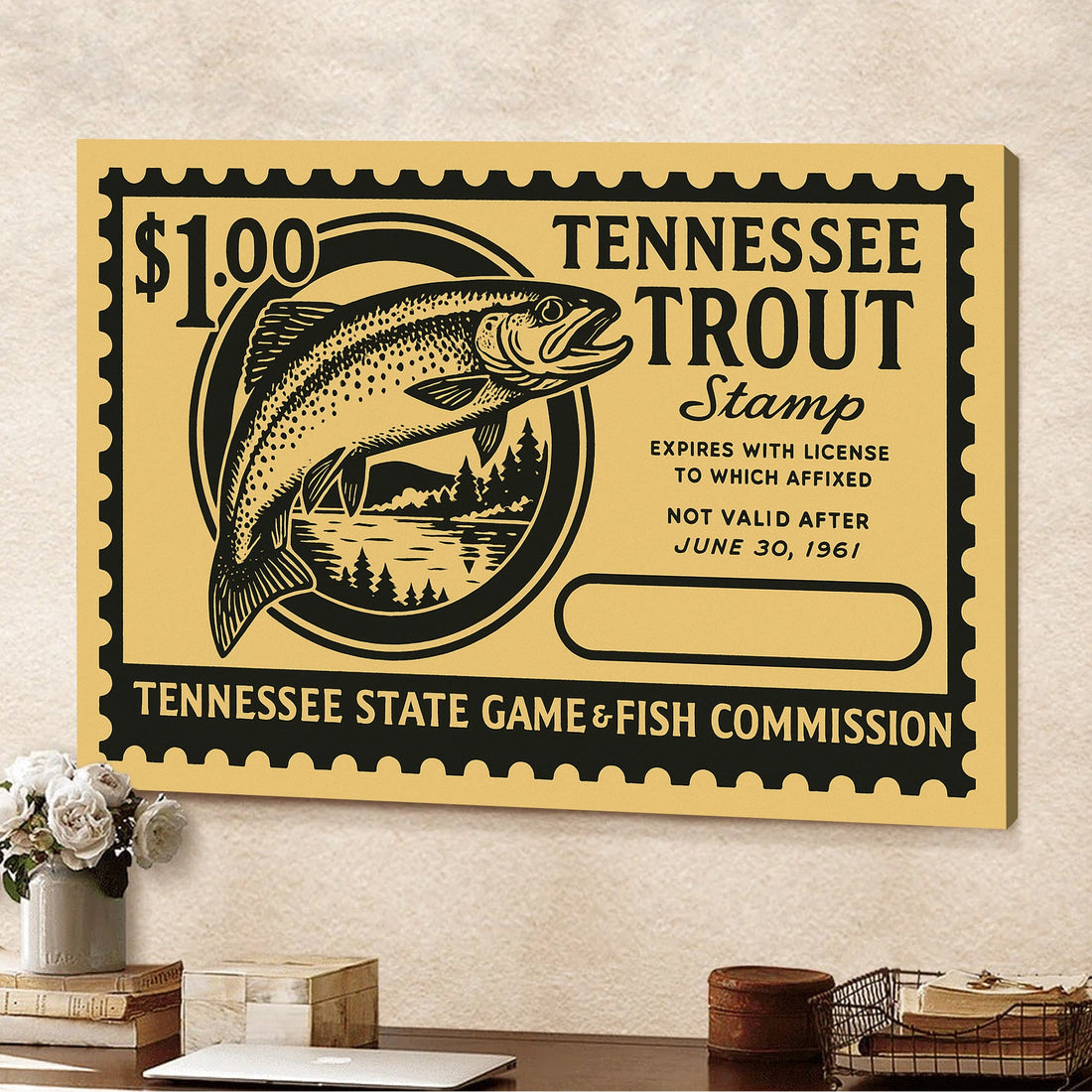 Vintage Tennessee Trout Stamp Wall Art – Retro Fishing Canvas for Cabin, Lodge & Man Cave Decor