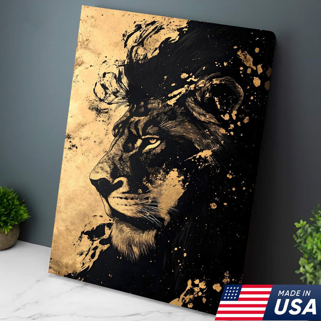 Majestic Lion Canvas Wall Art, Gold and Black Abstract Animal Painting, Powerful King of the Jungle Home Decor Gift