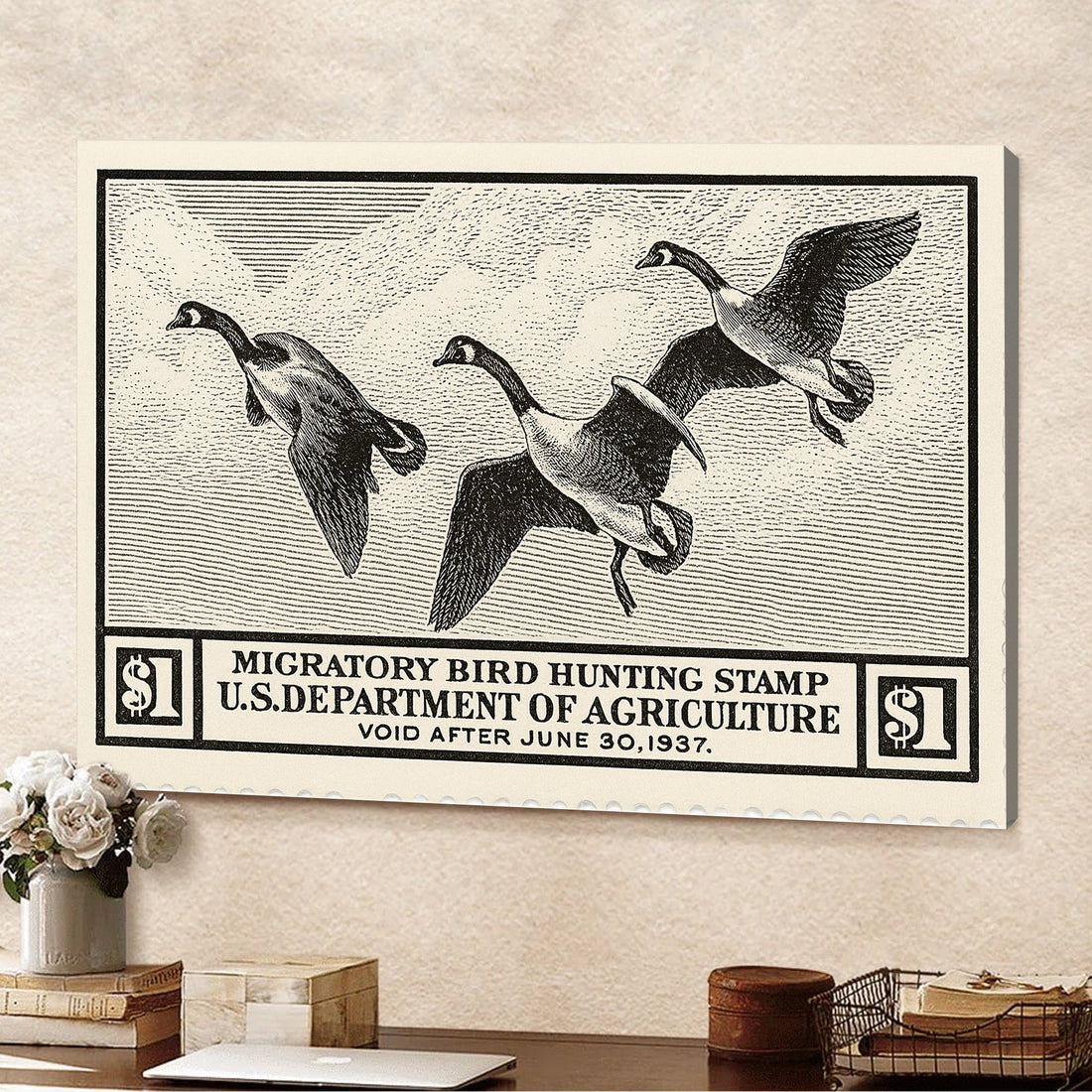 Vintage Migratory Goose Hunting Stamp Wall Art – Retro Duck Print Canvas for Hunters & Cabin Decor