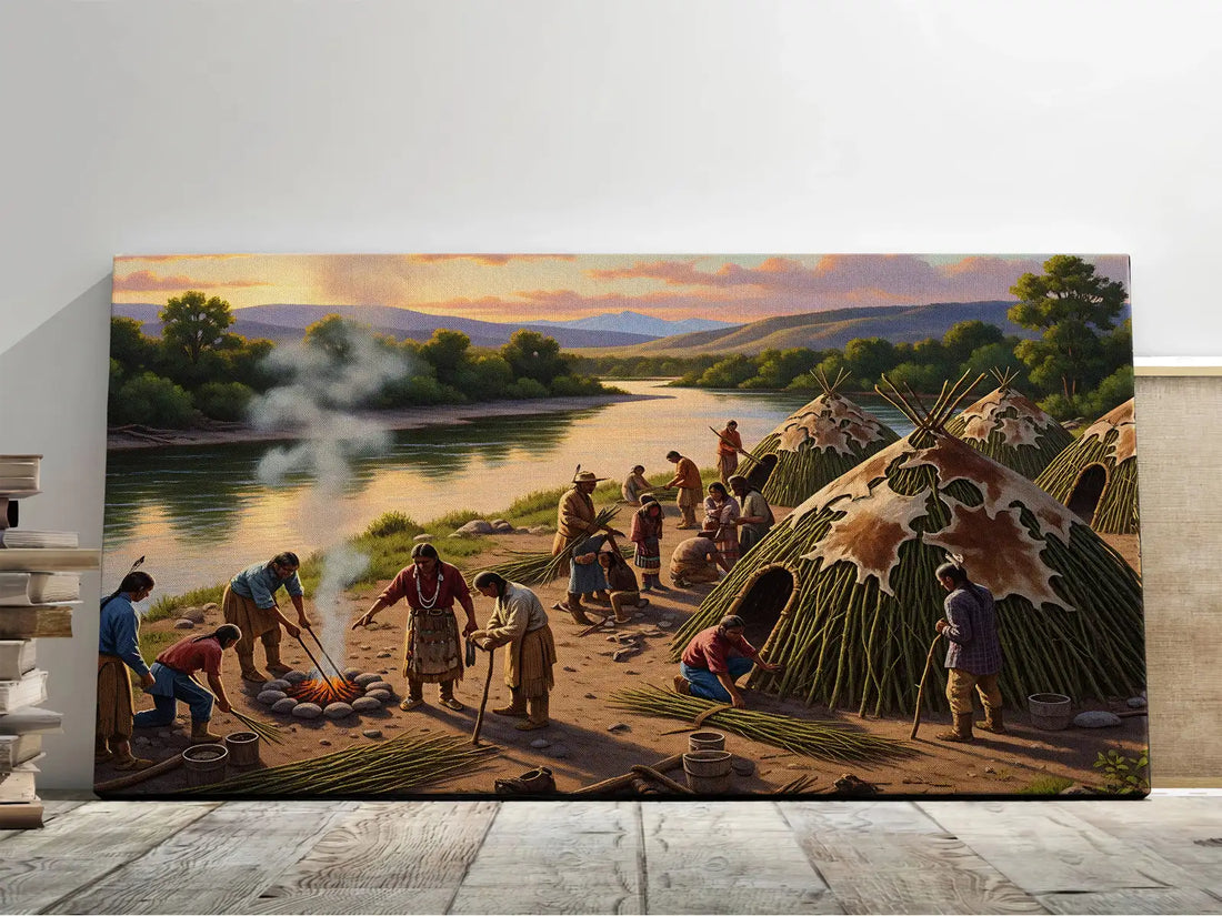 Indigenous Village Life, Tribal Campfire Scene, Rustic Home Decor