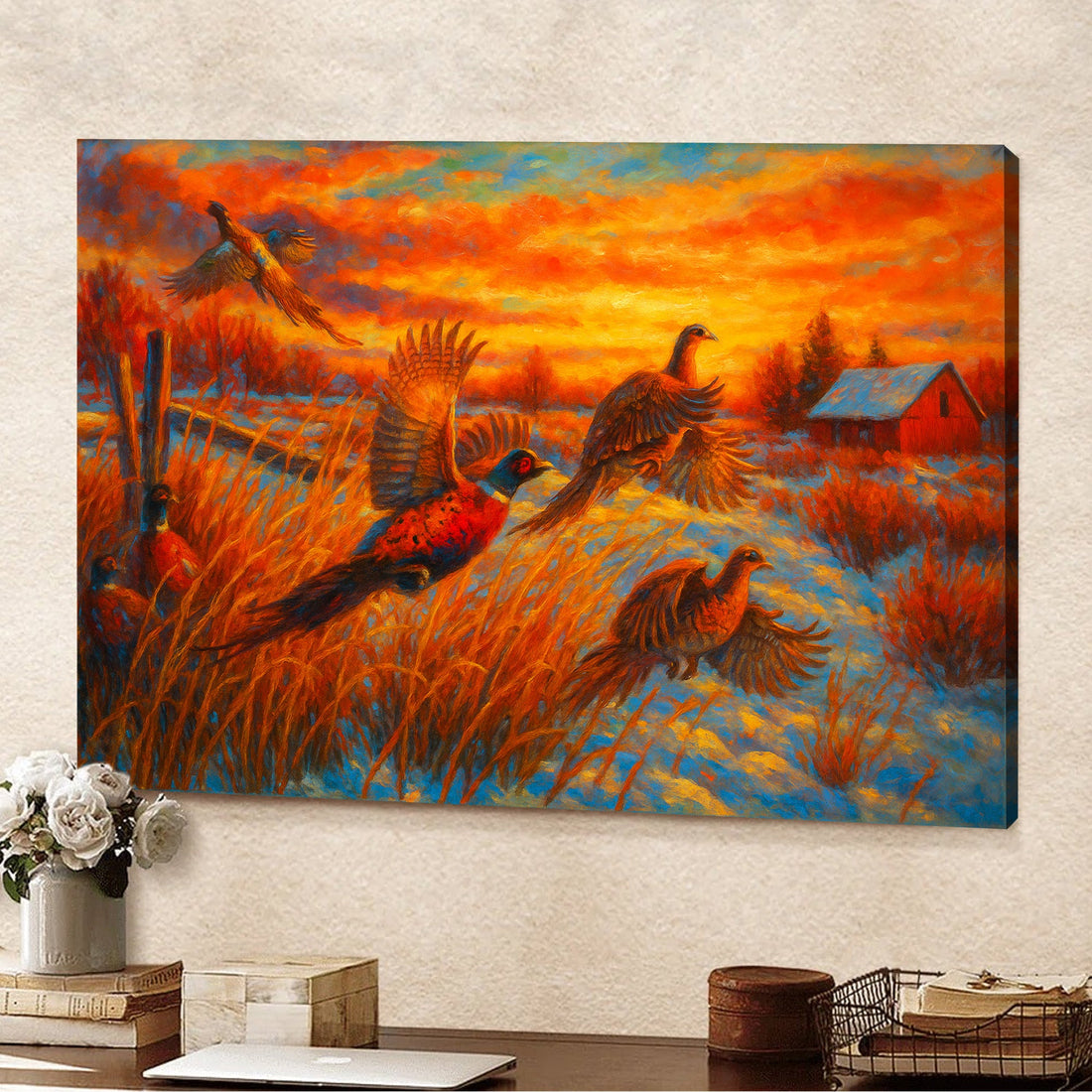 Flying Pheasants Sunset Canvas Wall Art – Rustic Hunting Cabin Decor for Nature Lovers