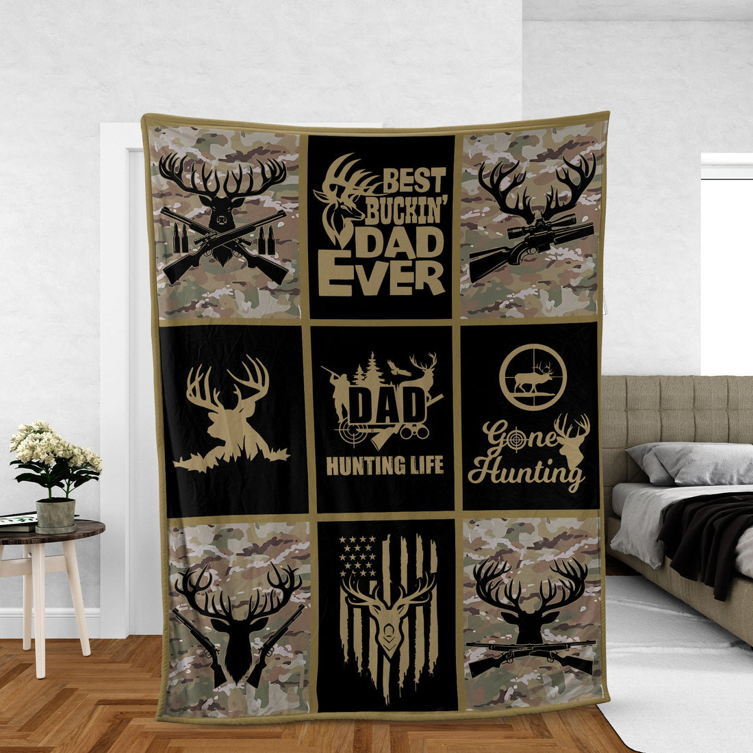 Hunting Life Best Buckin’ Dad Ever Fleece Blanket – Camouflage Deer & Rifle Design - Gift for Hunters