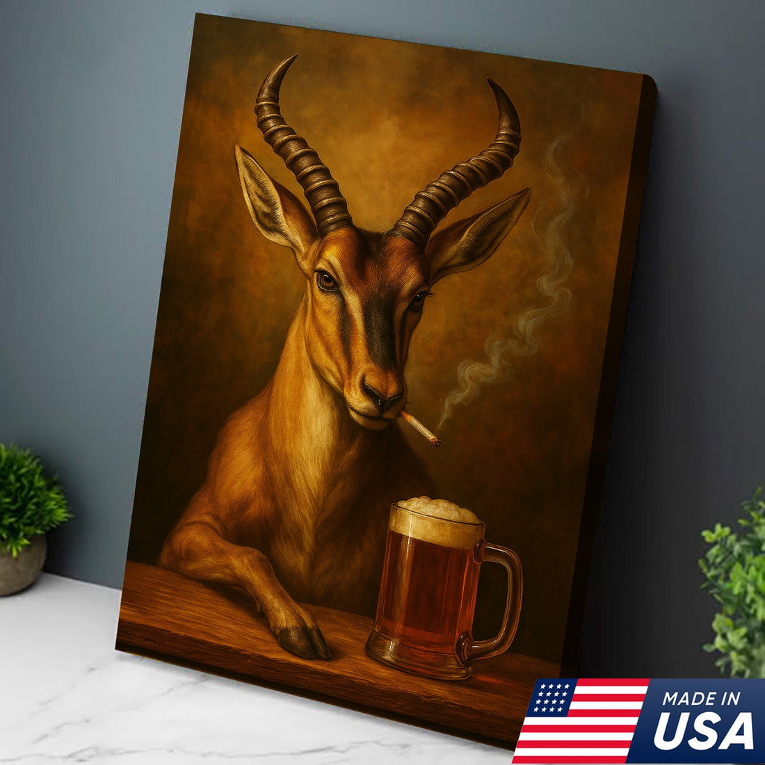 Funny Antelope Smoking & Beer Canvas Wall Art - Hunting Perfect Gift for Hunters & Cocktail Glasses Lovers