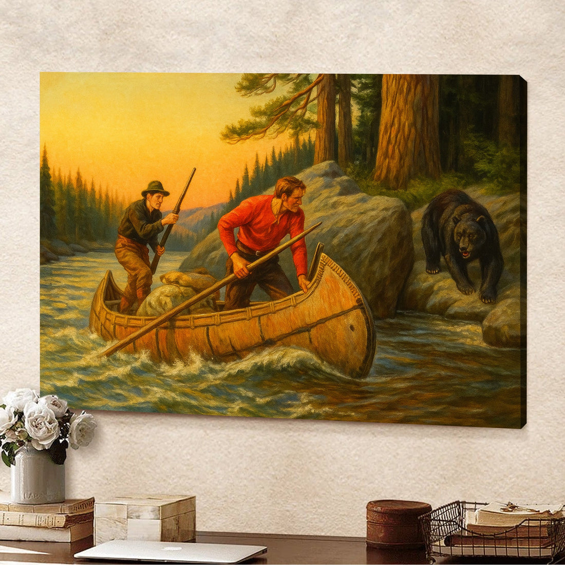 Vintage Canoe Adventure Canvas Wall Art – Retro Wilderness Painting with Hunters and Bear Scene