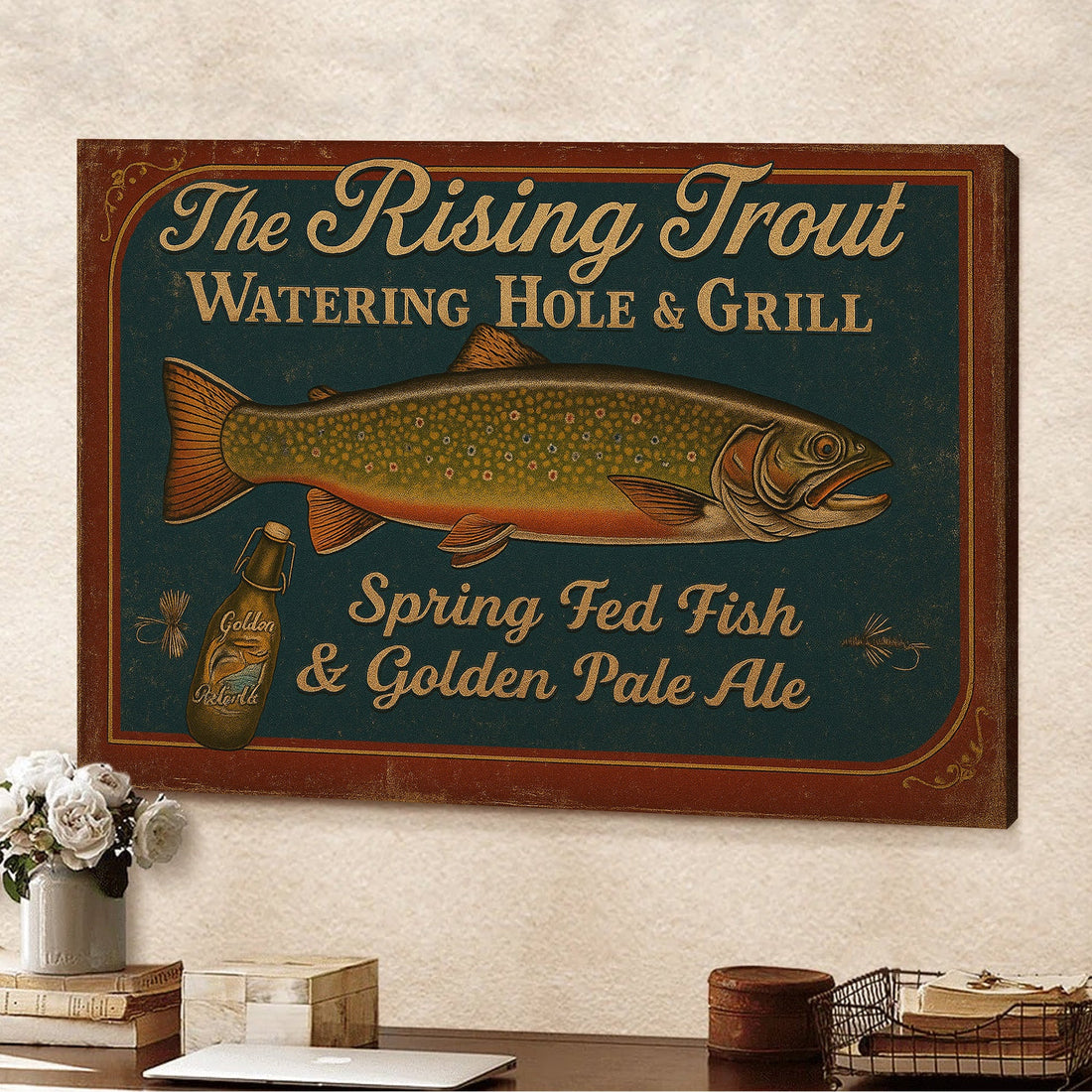 The Rising Trout Watering Hole & Grill Sign Canvas – Vintage Fishing Wall Art for Cabin or Bar Decor