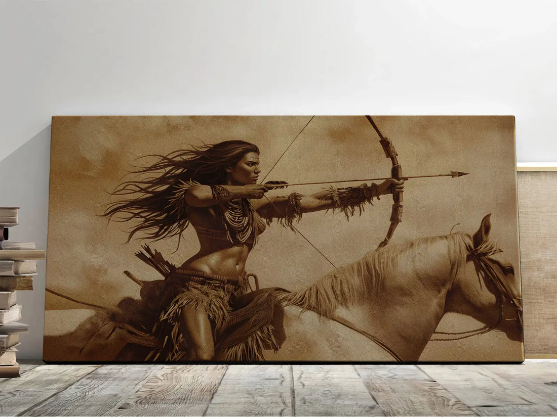 Warrior Woman On Horseback With Bow Sepia Wall Art Canvas