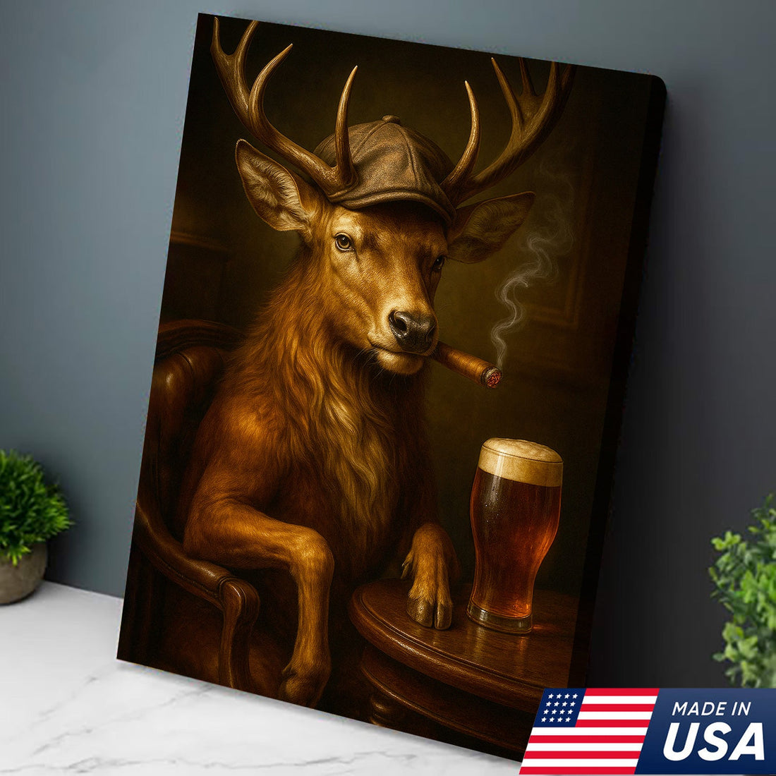 Classy Deer Smoking Cigar Canvas – Rustic Beer Lover Wall Art for Cabin & Man Cave