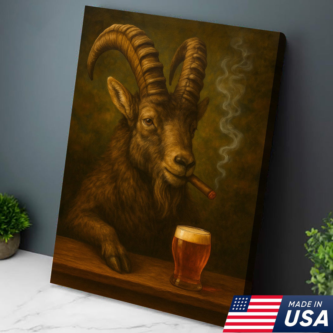 Funny Mountain Goat Smoking & Beer Canvas Wall Art - Hunting Perfect Gift for Hunters & Cocktail Glasses Lovers