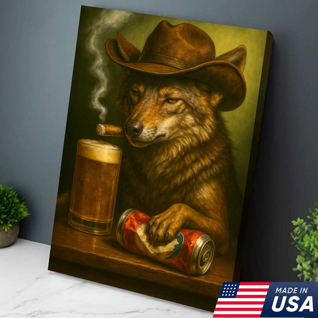 Funny Cowboy Wolf Beer Canvas – Rustic Bar Wall Art Gift for Hunters, Outdoorsmen & Man Caves