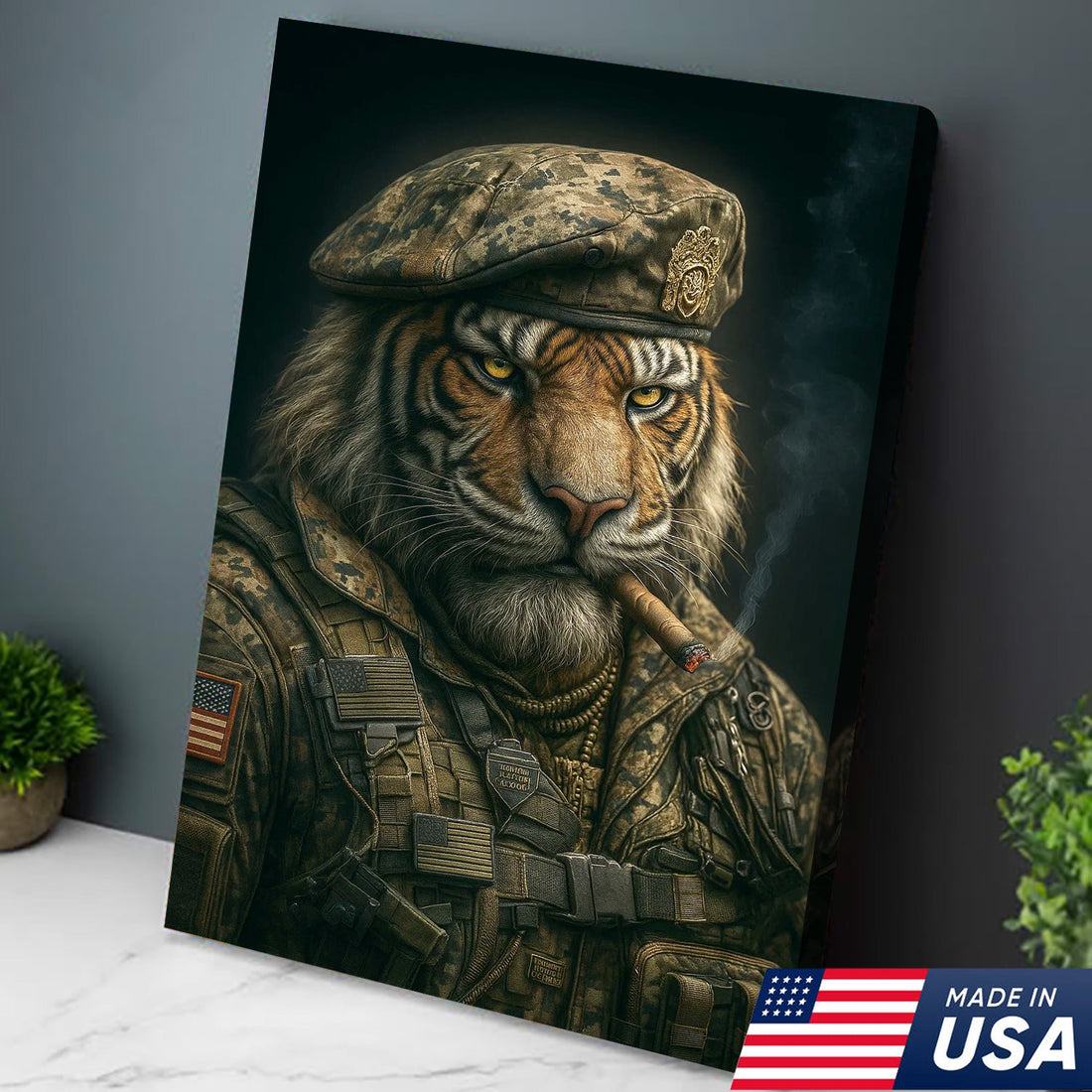 Military Tiger Canvas Wall Art, Warrior Animal Portrait in Army Uniform, Bold Patriotic Home Decor Gift for Men