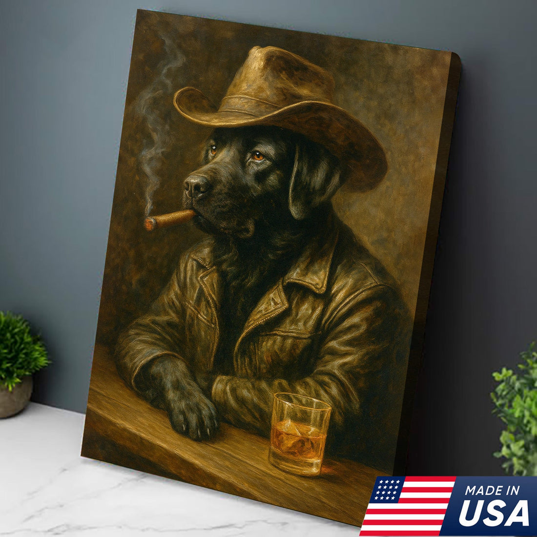 Labrador Cowboy Canvas Wall Art – Rustic Country Dog Print for Hunters, Lodge, and Whiskey Lovers