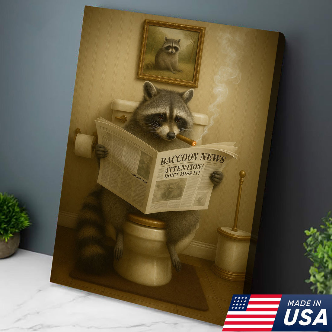 Funny Raccoon Bathroom Canvas Wall Art – Rustic Lodge Cabin Decor Toilet Humor, Lodge & Man Cave Gift