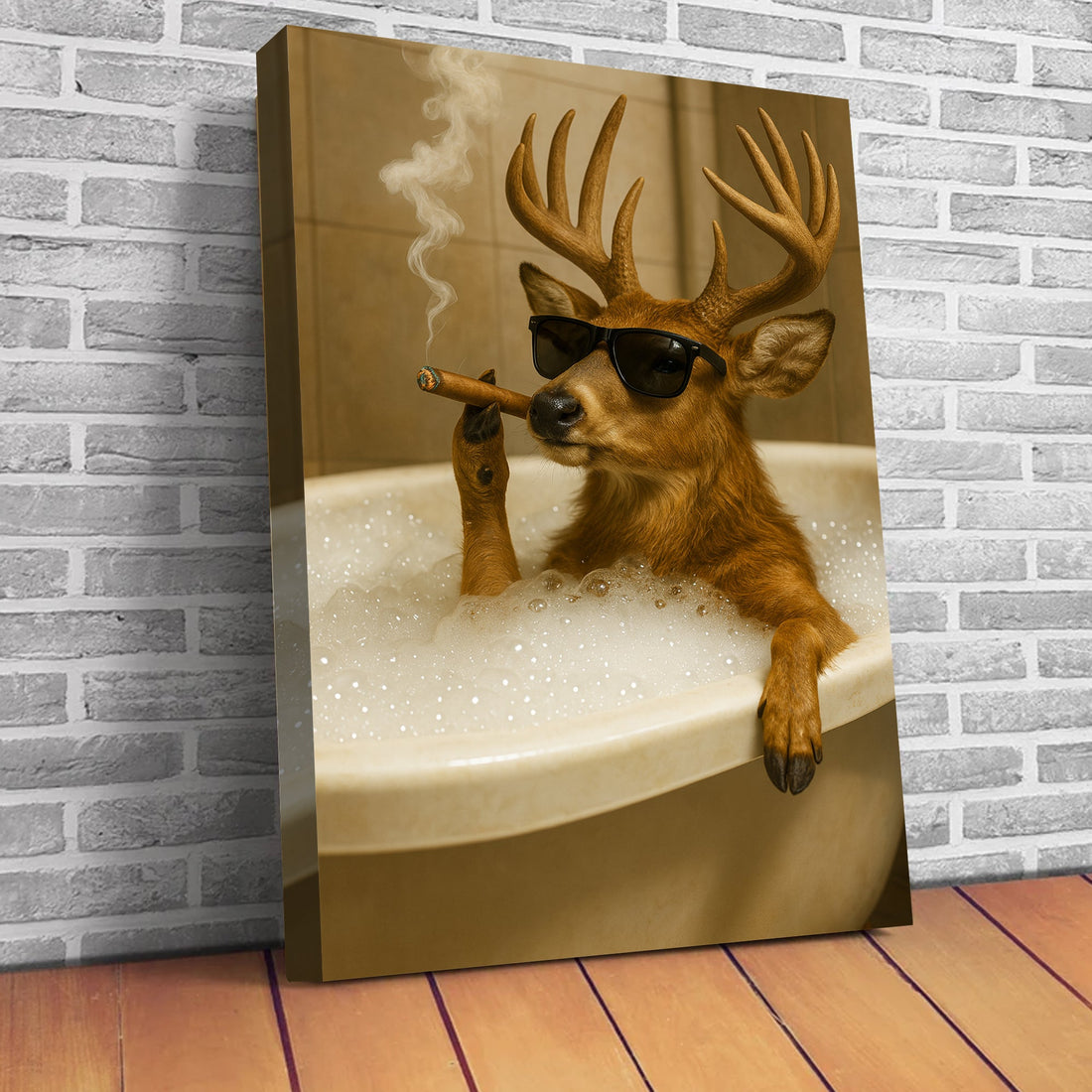 Funny Deer in Bathtub Canvas – Retro Animal Art Print with SunGlasses and Smoking for Unique Wall Decor