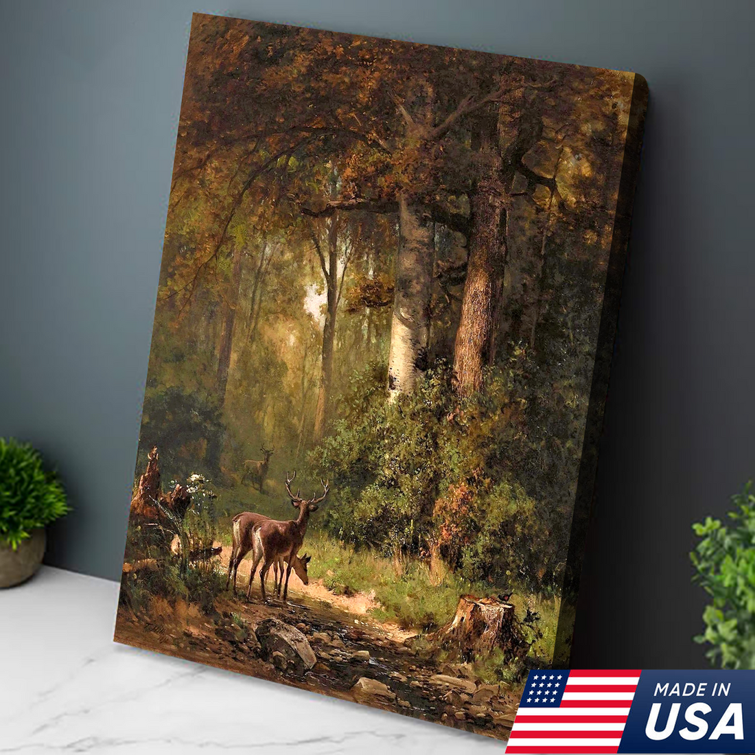 Deer Forest Canvas Wall Art, Vintage Woodland Stag Painting with Sunlit Creek, Rustic Cabin Lodge Wildlife Decor