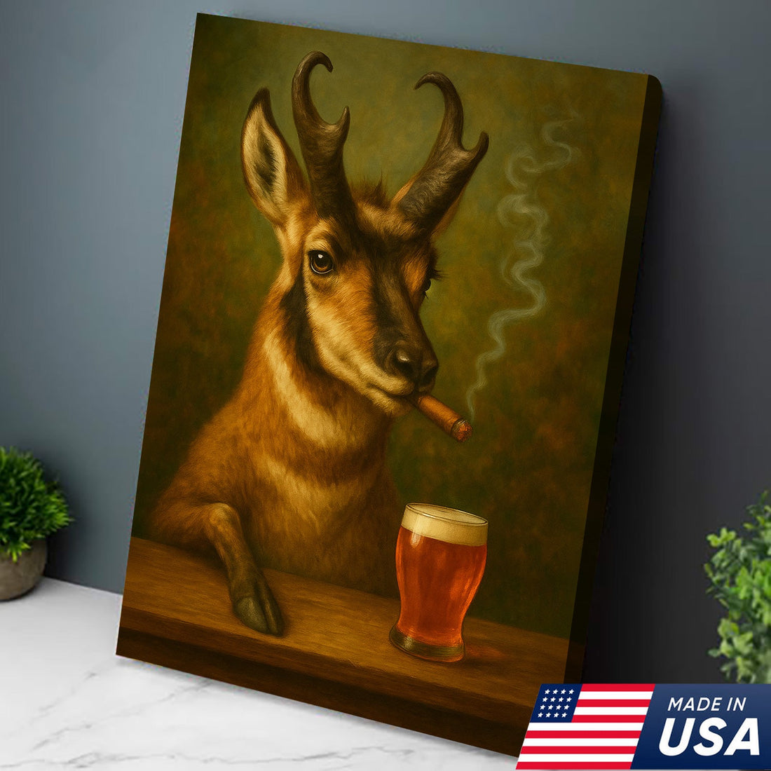 Funny Pronghorn Antelope Smoking & Beer Canvas Wall Art - Hunting Perfect Gift for Hunters & Cocktail Glasses Lovers