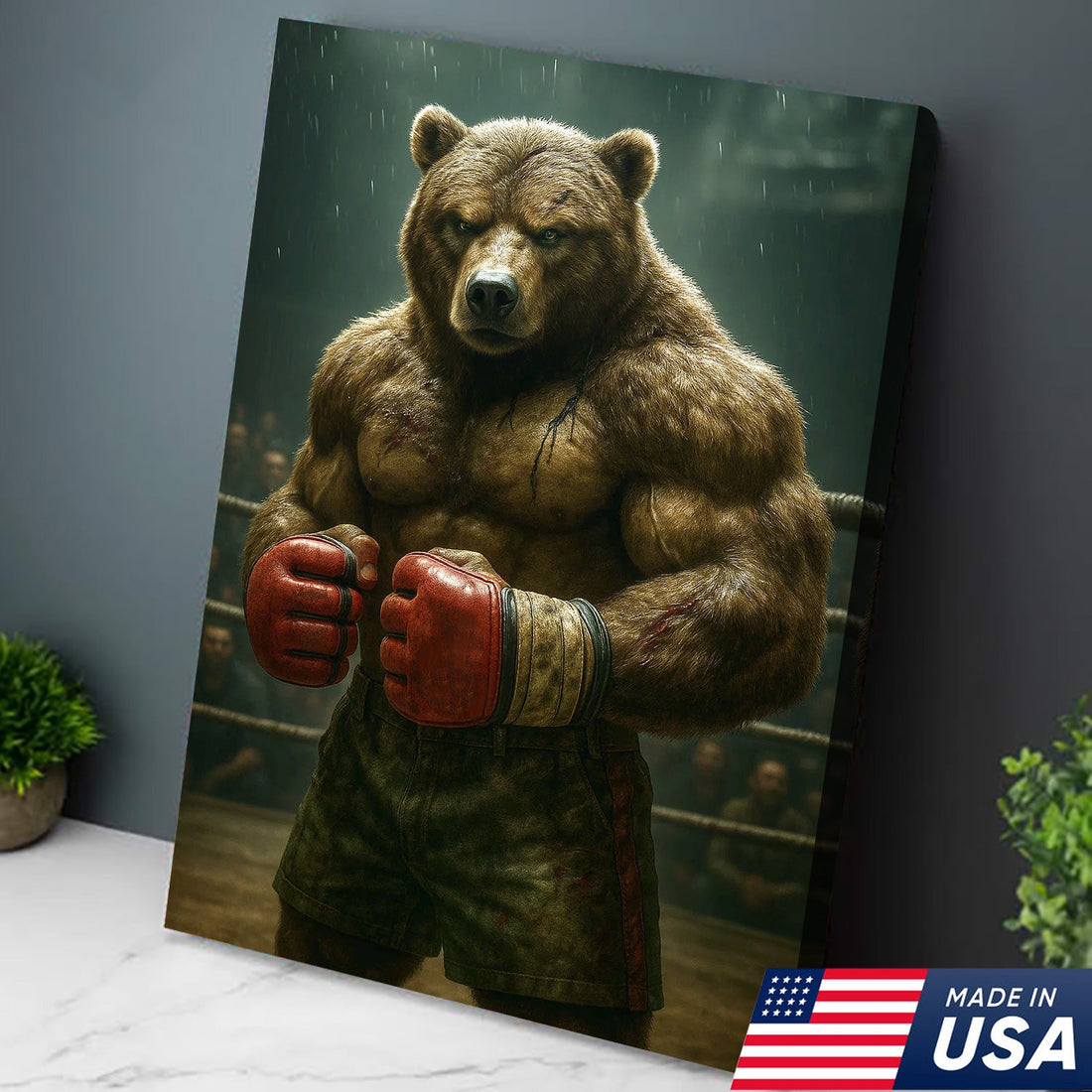 Boxer Bear Canvas Wall Art, Fierce Animal Fighter Artwork, Powerful Strength and Determination Sports Decor for Men