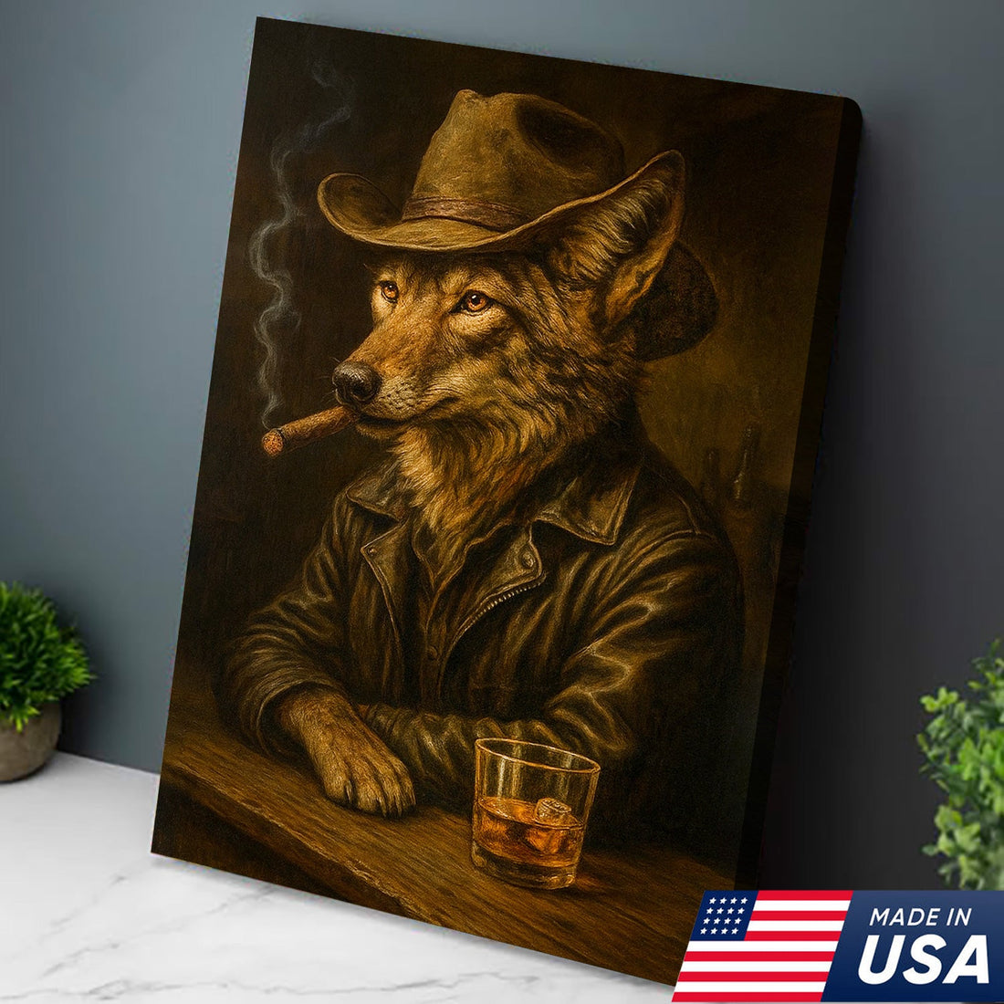 Western Wolf Canvas Wall Art – Cowboy Smoking Whiskey Print for Hunters, Rustic Cabin, and Country Decor