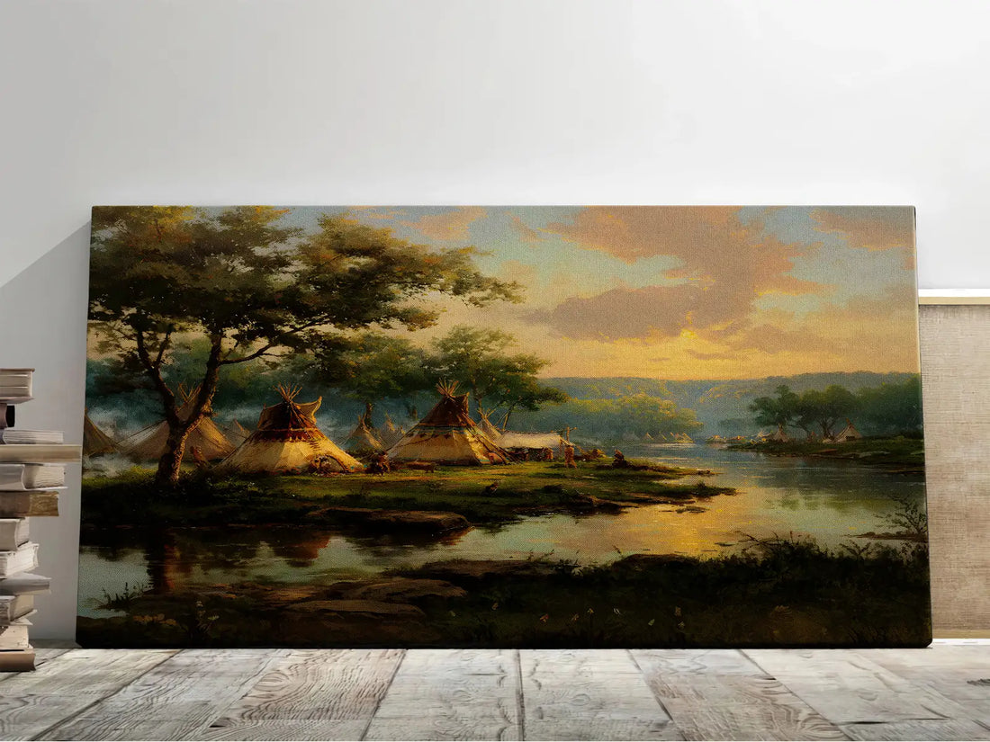 Native American Teepee Village Canvas Wall Art | Tribal Landscape Decor