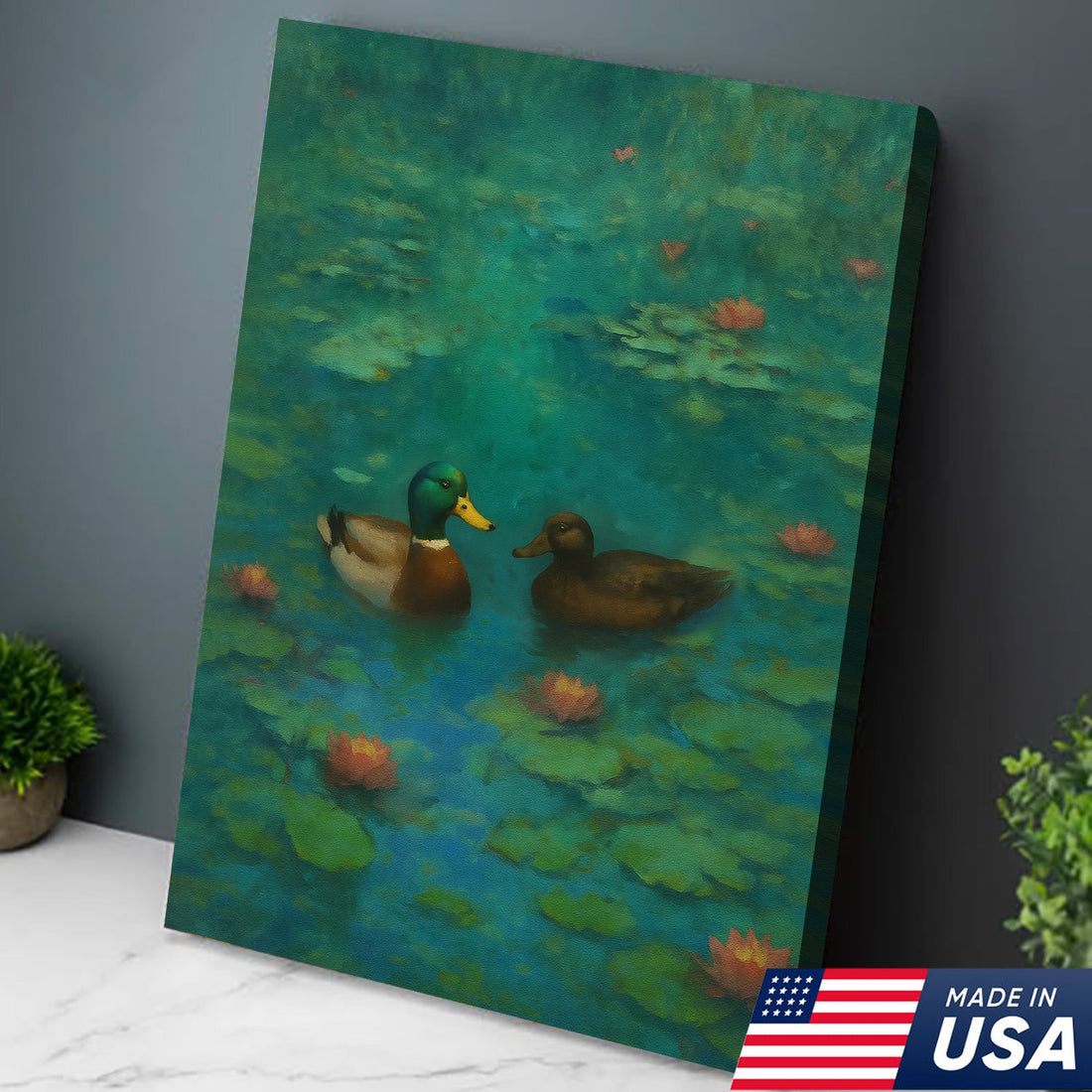 Romantic Mallard Duck Canvas Wall Art – Tranquil Pond & Water Lily Canvas, Wall Art Gift for Duck Lovers