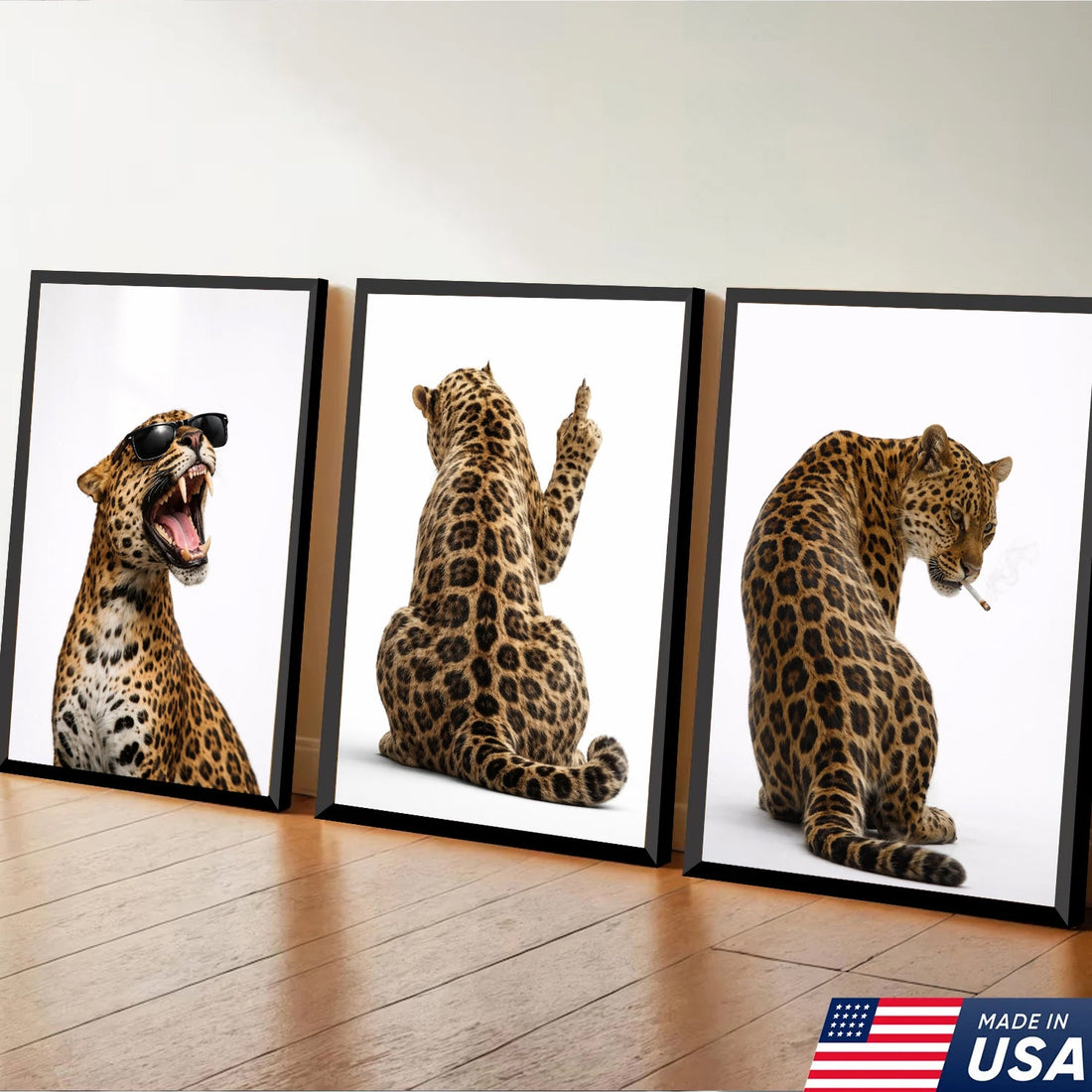 Funny Leopard Wall Art Canvas Set, Cool Animal Triptych Print, Modern Luxury Wildlife Home Decor
