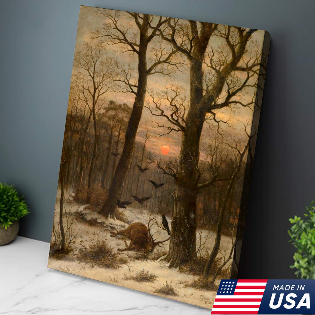 Vintage Deer Hunting Canvas Wall Art, Winter Forest Stag at Sunset Painting, Rustic Cabin Lodge Wildlife Decor