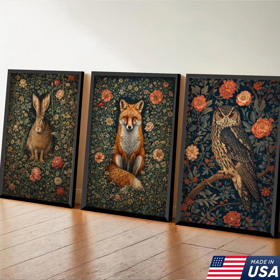Woodland Floral Animals Triptych Canvas Wall Art Set, Vintage Botanical Rabbit Fox Owl Prints, Elegant Cottagecore Nature Home Decor