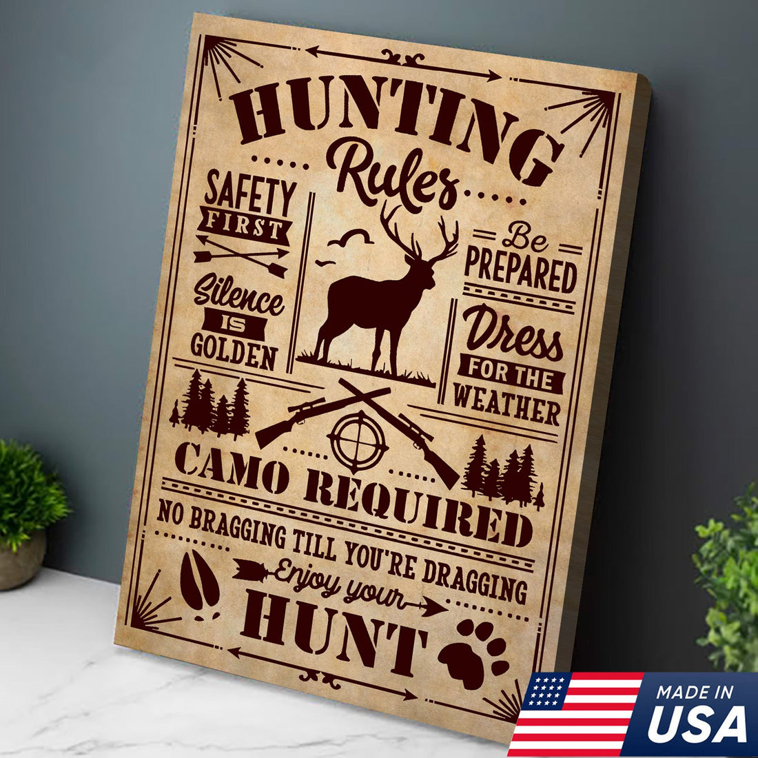 Hunting Rules Wall Art Canvas – Rustic Deer Hunting Lodge Decor – Safety First, Camo Required, Enjoy Your Hunt
