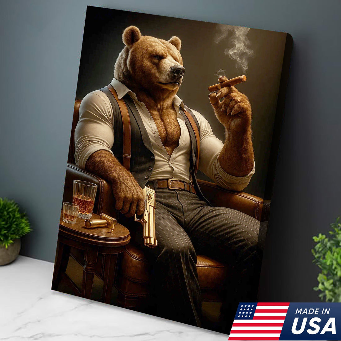 Boss Bear Canvas Wall Art, Stylish Anthropomorphic Animal Portrait, Masculine Power and Confidence Lounge Decor for Men