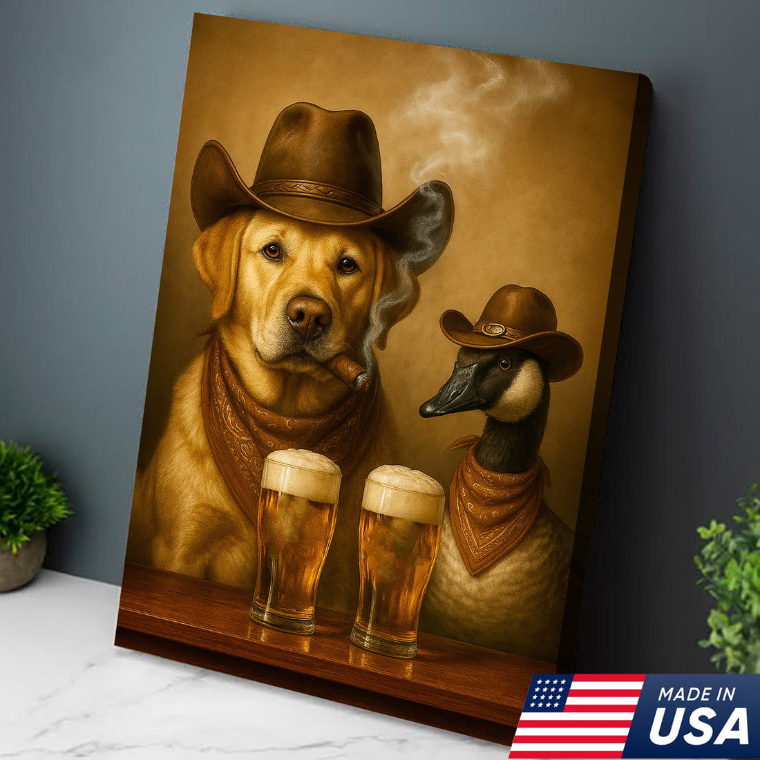 Funny Cowboy Dog & Goose Canvas Wall Art – Funny Beer & Smoking Western Decor for Hunters, Cabin & Man Cave