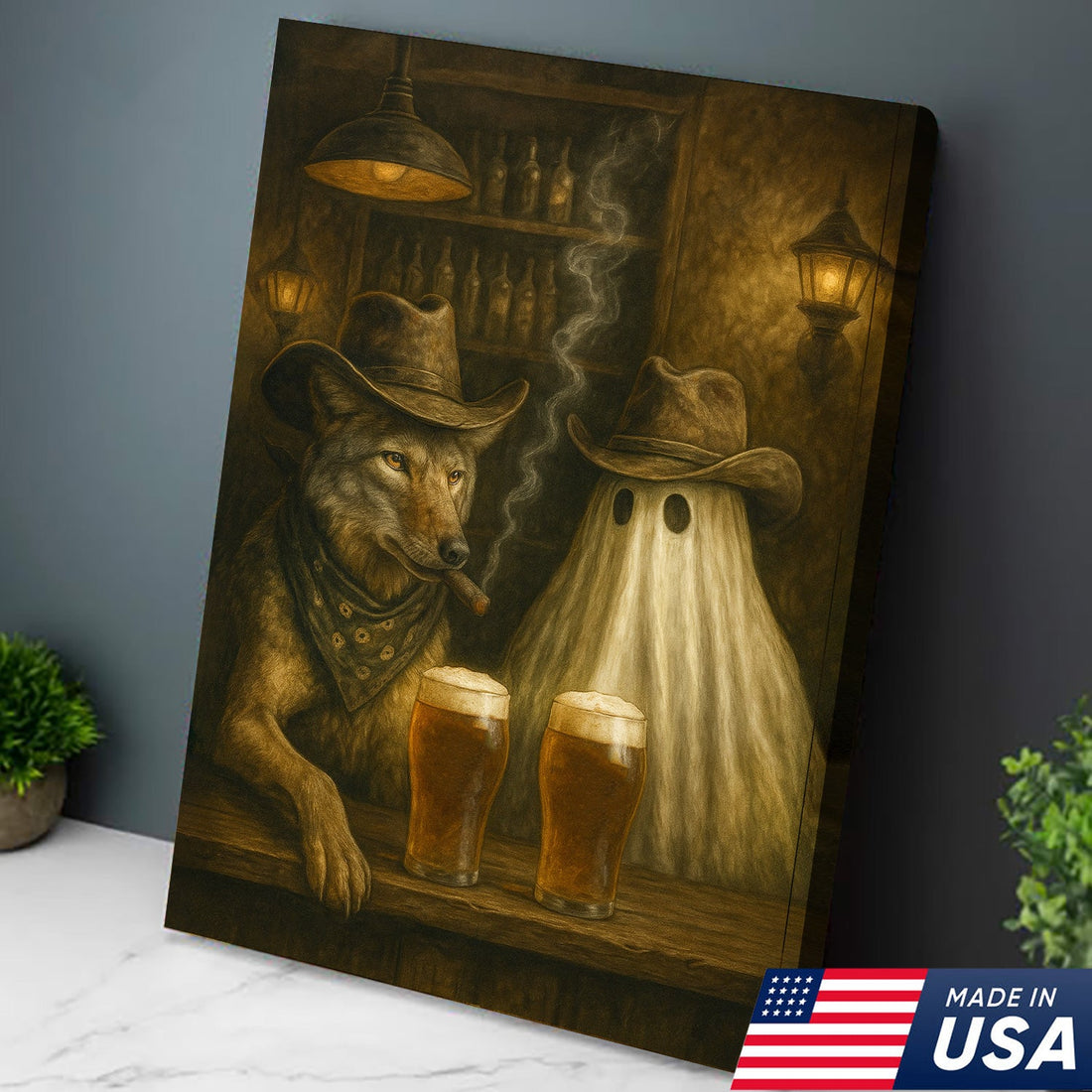 Cowboy Wolf & Ghost Canvas – Rustic Western Bar Wall Art for Halloween, Lodge, Cabin, and Man Cave
