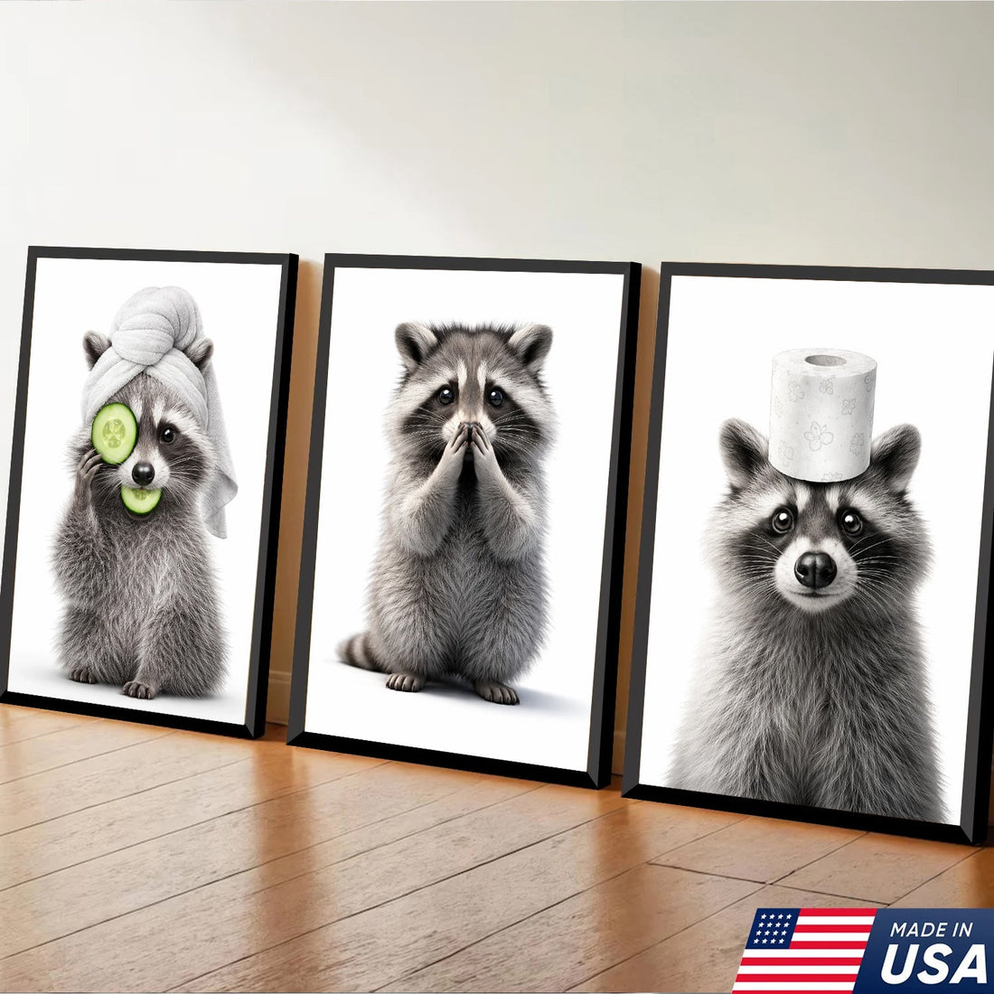 Funny Raccoon Wall Art Canvas Set, Cute Animal Bathroom Humor Triptych Print, Modern Playful Wildlife Home Decor