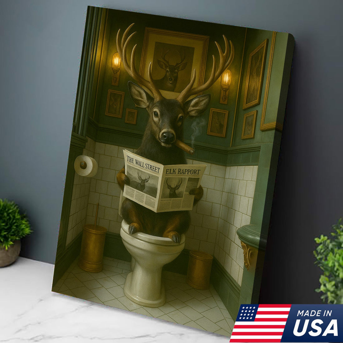Black-Tailed Deer On Toilet Canvas Wall Art – Unique Funny Bathroom Decor Gift for Hunters, Lodge, Rustic Home