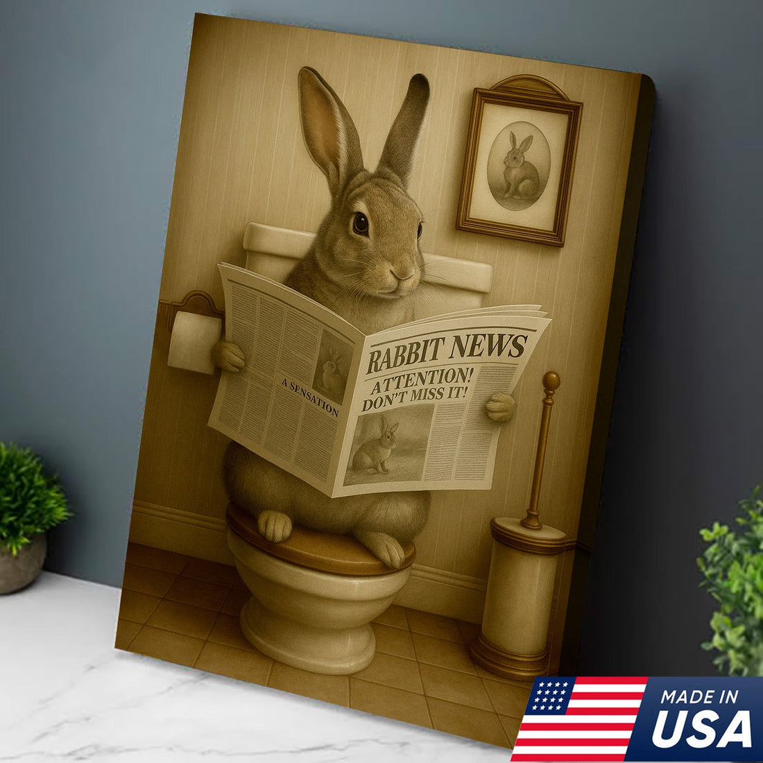 Funny Bunny Rabbit Bathroom Canvas – Unique Rustic Wildlife Decor Gift for Hunting Enthusiasts