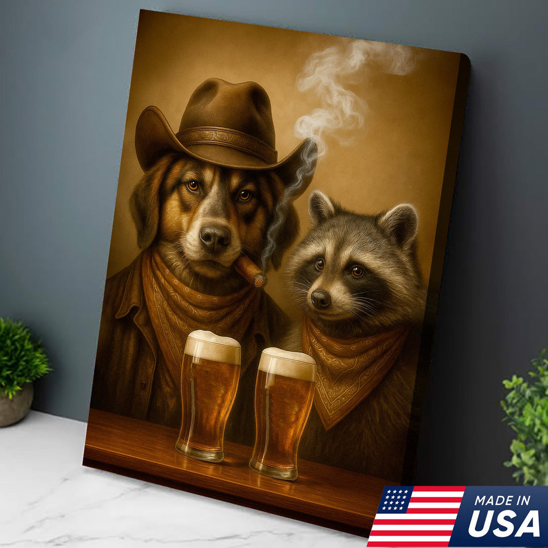 Funny Dog & Raccoon Cowboy Canvas Wall Art – Funny Western Beer Decor for Hunters, Bars & Man Caves