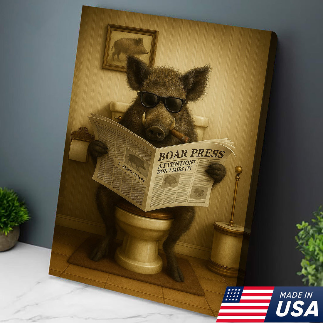 Funny Wild Boar Reading Newspaper Canvas – Funny Bathroom Wall Art for Rustic Cabin, Lodge & Man Cave Gift