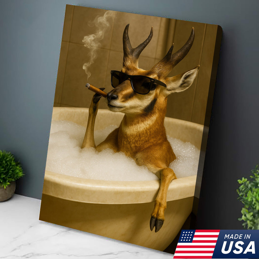 Funny Pronghorn Antelope Smoking Canvas Wall Art – Cool Bathtub & Cigar Gift for Hunters, Outdoorsmen & Cabin Decor