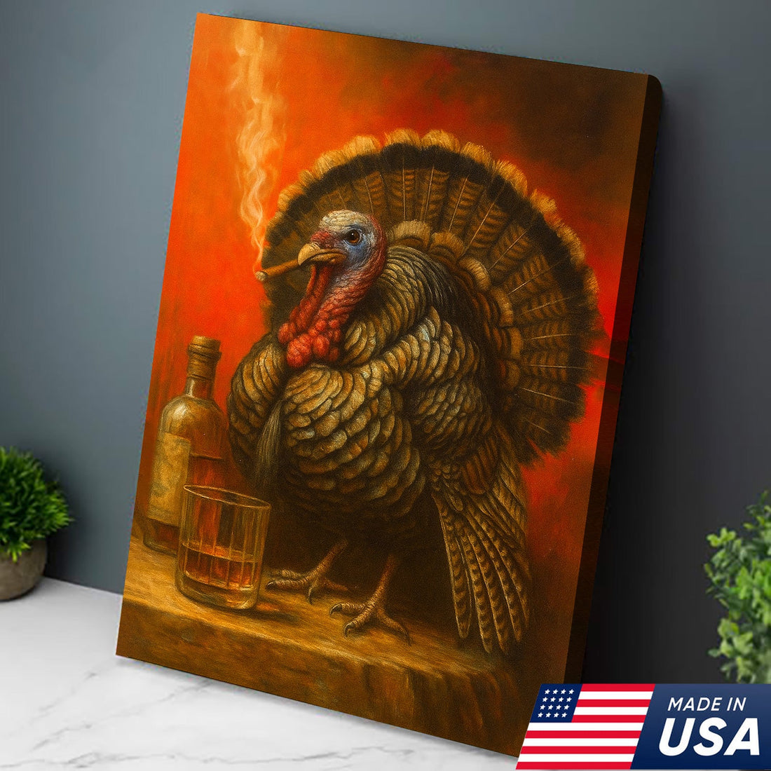 Thanksgiving Turkey Canvas – Funny Whiskey & Smoking Wall Art for Rustic Cabin, Lodge, and Man Cave Decor