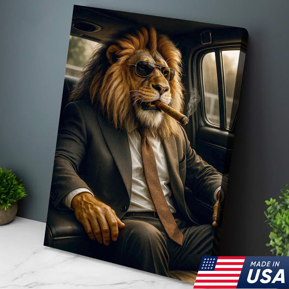 Business Lion Canvas Wall Art, Confident Animal Boss Portrait in Suit, Luxury Power and Success Office Decor for Men